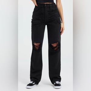 Good American Black Distressed Flare Jeans